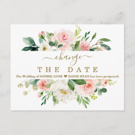 Blush White Floral Hochzeit verschoben Neuer Plan Postkarte