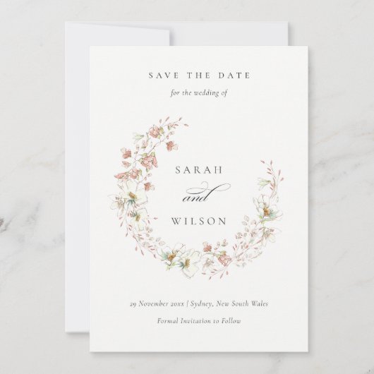 Blush White Floral Kranz Save the Date einladen Dankeskarte (Vorderseite)