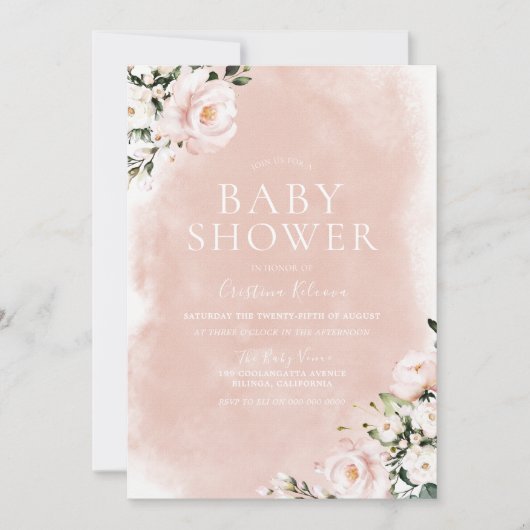 Blush & White Floral Watercolor Babydusche Einladung (Vorderseite)