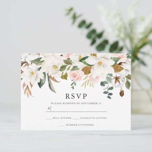 Blush & White Florals Elegante Moderne Hochzeit RSVP Karte (Stehend Vorderseite)