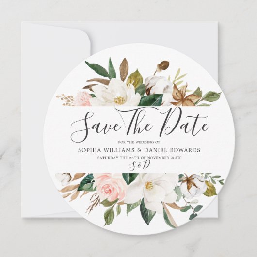 Blush & White Florals Elegante Moderne Hochzeit Save The Date (Vorderseite)