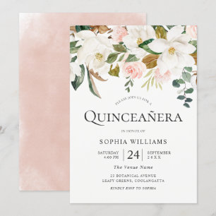 Blush & White Florals Schönes Quinceañera Party Einladung