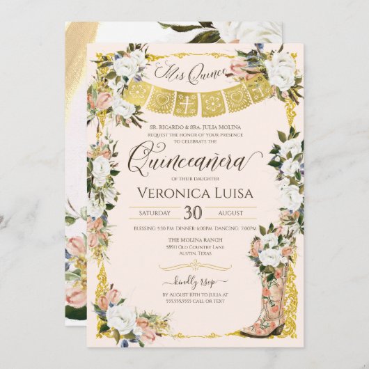 Blush White Gold Charge Blumenboot Quinceanera in Einladung (Vorne/Hinten)