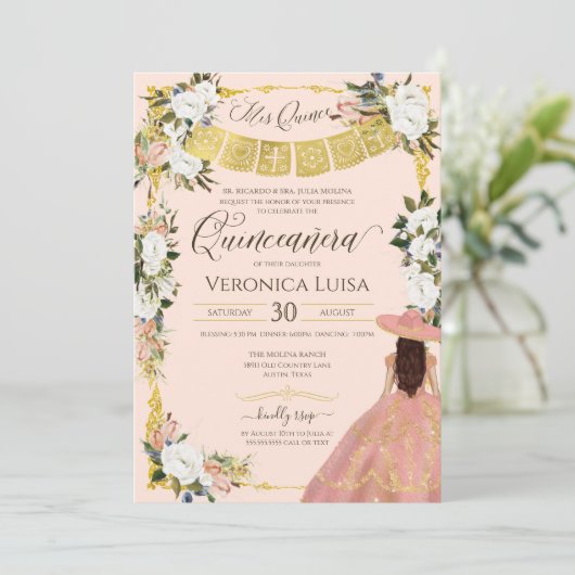 Blush White Gold Charme Blumenkleid Quinceanera I Einladung (Stehend Vorderseite)