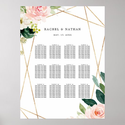 Blush White Gold Floral Wedding Chart Poster (Vorne)