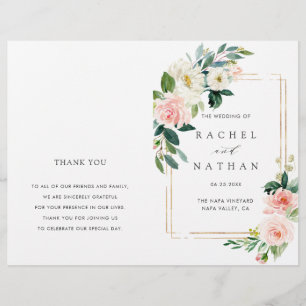 Blush White Gold Frame Folded Wedding Programm