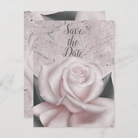 Blush White Rose Glam Moderner Marmor Save the Dat Ankündigungspostkarte (Vorne/Hinten)