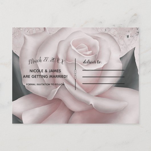 Blush White Rose Glam Moderner Marmor Save the Dat Ankündigungspostkarte (Rückseite)