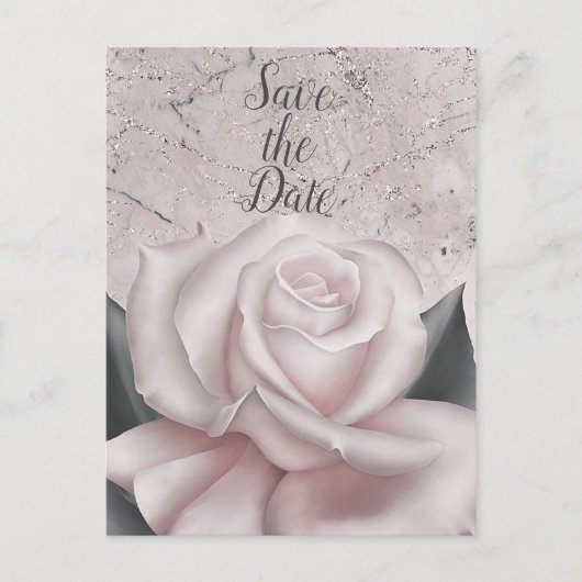 Blush White Rose Glam Moderner Marmor Save the Dat Ankündigungspostkarte (Vorderseite)