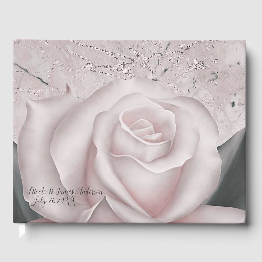 Blush White Rose Moderne Marmorhochzeit Gästebuch (Vorderseite)