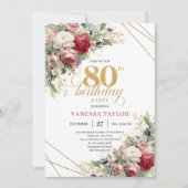 Blush white roses elegant 80th birthday invitation einladung (Vorderseite)