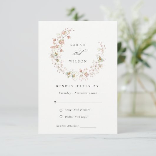 Blush White Wiadow Floral Wreath Wedding RSVP (Stehend Vorderseite)