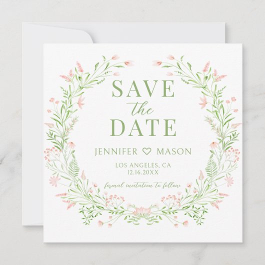 Blush Widflower Save the Date Foto Einladung (Vorderseite)