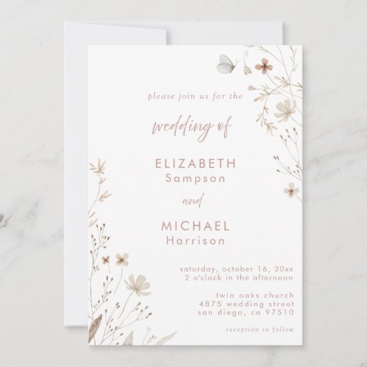 Blush Wildblume Botanische Hochzeit Einladung (Vorderseite)