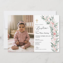 Blush Wildflower Mädchen Tauf-Foto-Einladung