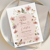 Blush Wildflower Young Wild Three 3rd Birthday  Einladung