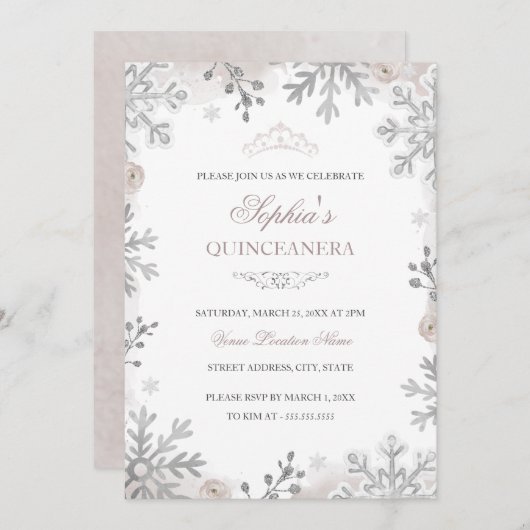 Blush Winter Wonderland Quinceanera Einladung (Vorne/Hinten)
