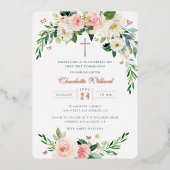 Blush-Wreath-Rose Gold Cross Erste Kommune Folieneinladung (Vorderseite)