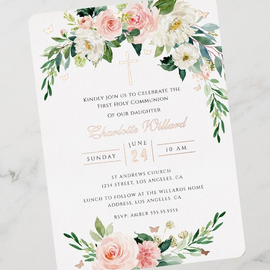 Blush-Wreath-Rose Gold Cross Erste Kommune Folieneinladung