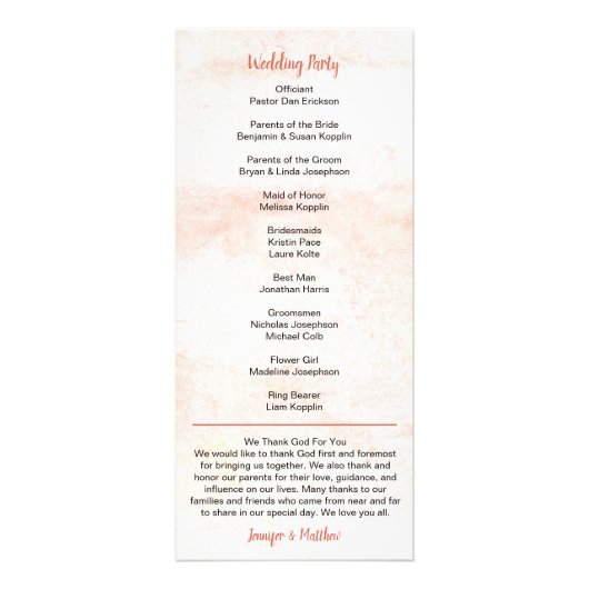 Blushing Apricot Floral Wedding Program Werbekarte (Hinten)
