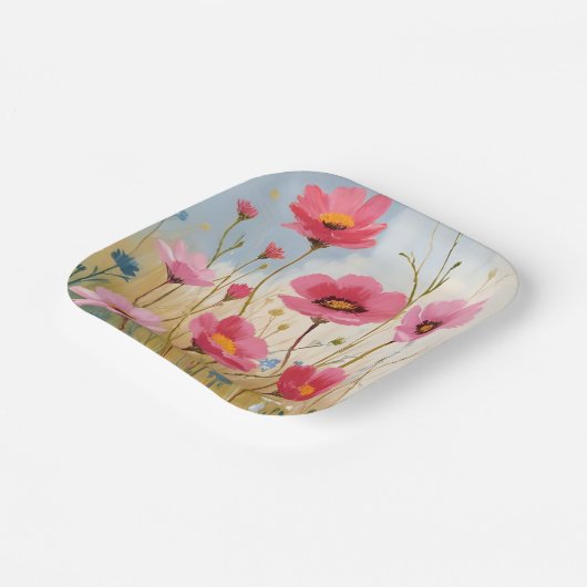 Blushing Blooms | Pink Flower Meadow Floral Pappteller (Gewinkelt)