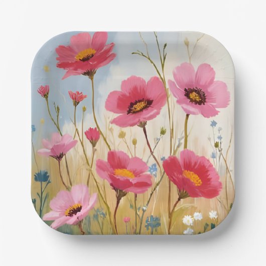 Blushing Blooms | Pink Flower Meadow Floral Pappteller (Vorderseite)