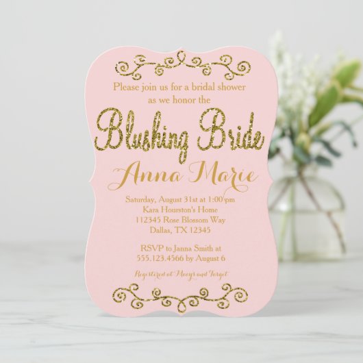 Blushing Bride Blush Pink Bridal Einladung zur Dus (Stehend Vorderseite)