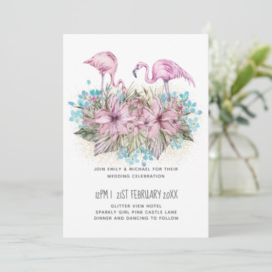 Blushing Flamingos Tropical Beach Hochzeit (Stehend Vorderseite)