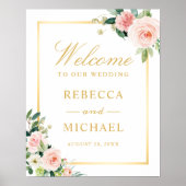 Blushing Floral Gold Rahmen Wedding Willkommenszei Poster (Vorne)