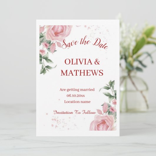 Blushing in Bloom: Eine Hochzeitsfeier in Pink Einladung (Stehend Vorderseite)