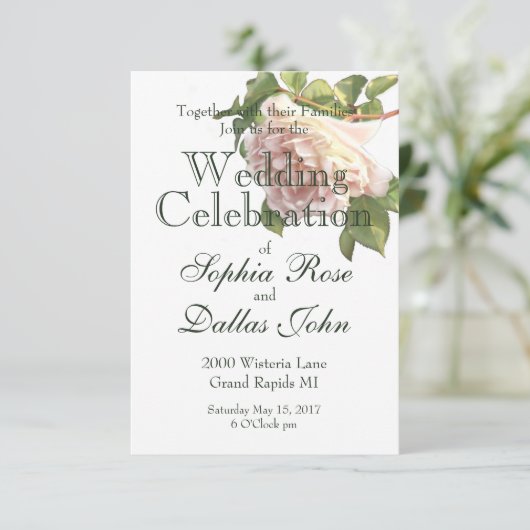 Blushing Ivory Peach Rose Kalligraphieskript Einladung (Stehend Vorderseite)