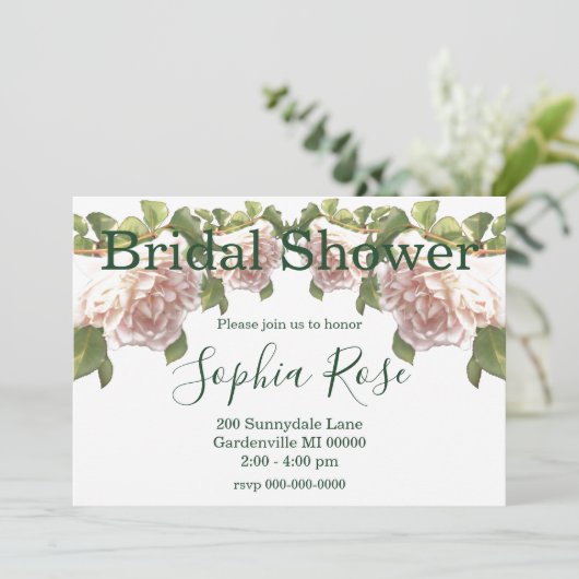 Blushing Ivory Peach Rose Kalligraphieskript Einladung (Stehend Vorderseite)