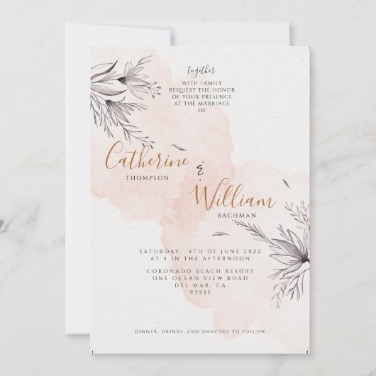Blushing Peach Gray Floral Foto Hochzeit Einladung (Vorderseite)