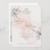 Blushing Peach Gray Floral Foto Hochzeit Einladung (Vorne/Hinten)