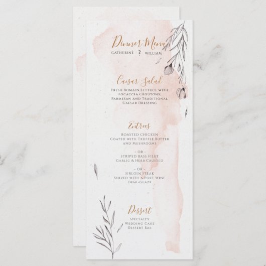 Blushing Peach Gray Watercolor Wedding Menu Menükarte (Vorne/Hinten)