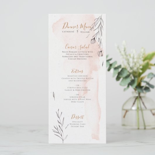Blushing Peach Gray Watercolor Wedding Menu Menükarte (Stehend Vorderseite)