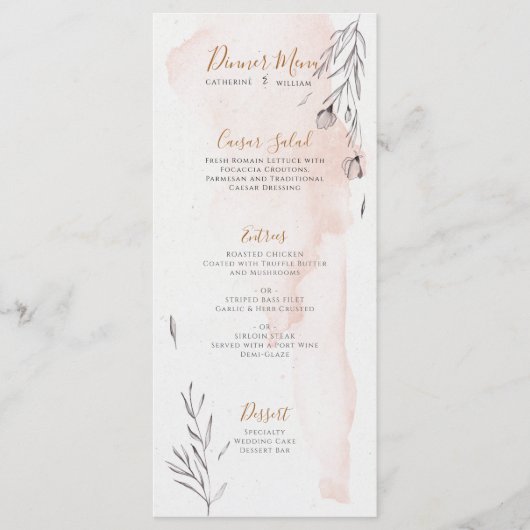 Blushing Peach Gray Watercolor Wedding Menu Menükarte (Vorderseite)