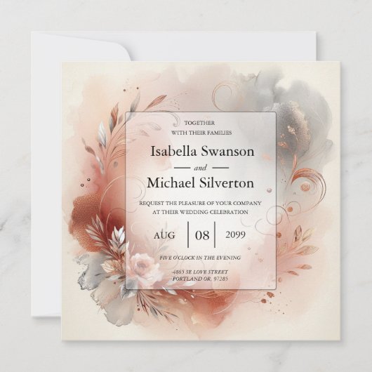 Blushing Petals and Silver Swirls Wedding Einladung (Vorderseite)