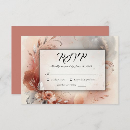 Blushing Petals und Silver Wirbel Hochzeit RSVP Karte (Vorne/Hinten)