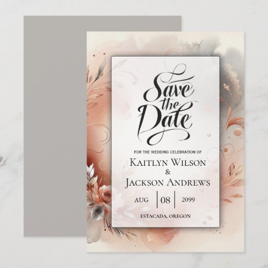 Blushing Petals und Silver Wirbel Hochzeit Save The Date (Vorne/Hinten)