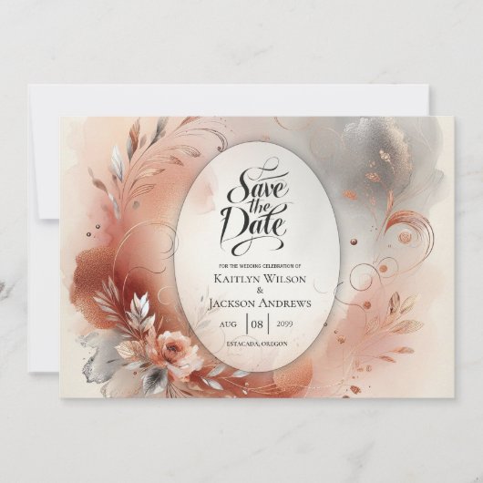 Blushing Petals und Silver Wirbel Hochzeit Save The Date (Vorderseite)