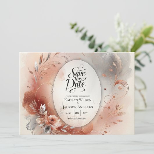 Blushing Petals und Silver Wirbel Hochzeit Save The Date (Stehend Vorderseite)