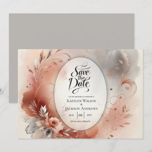 Blushing Petals und Silver Wirbel Hochzeit Save The Date (Vorne/Hinten)