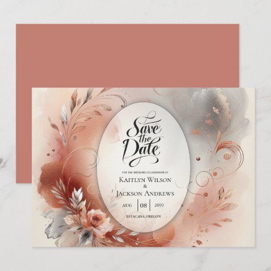 Blushing Petals und Silver Wirbel Hochzeit Save The Date (Vorne/Hinten)