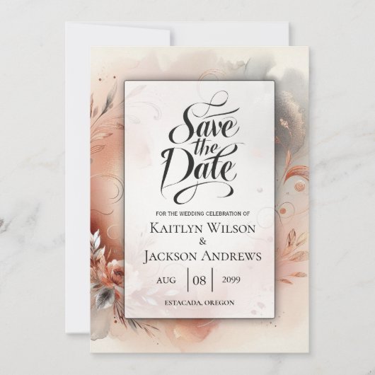 Blushing Petals und Silver Wirbel Hochzeit Save The Date (Vorderseite)