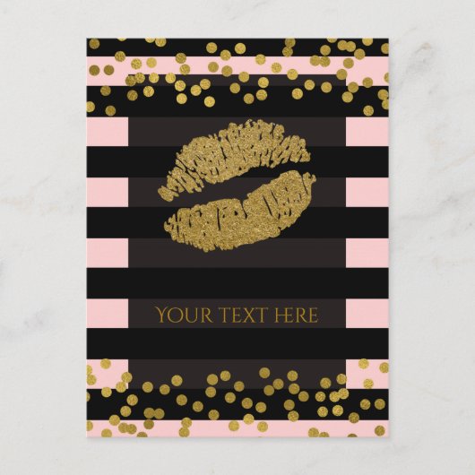 Blushing Pink & Black Stripes Gold Imitate Foil Do Postkarte (Vorderseite)