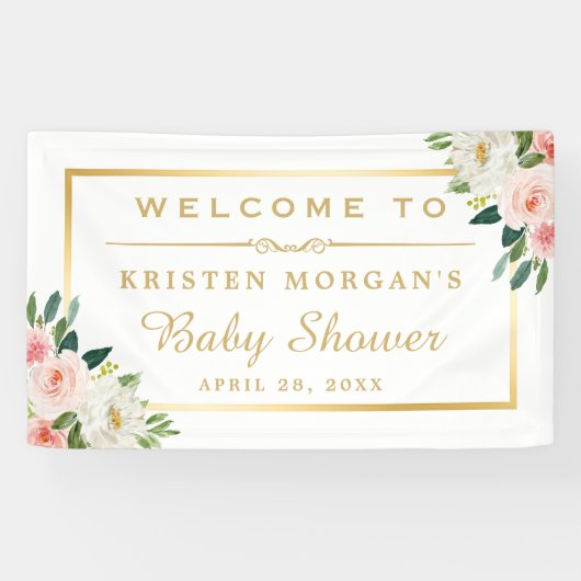 Blushing Pink Floral Gold Frame Baby Dusche Banner (Horizontal)