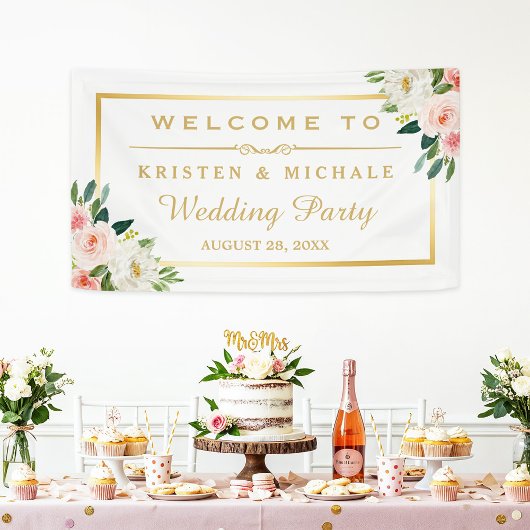 Blushing Pink Floral Gold Rahmen Wedding Party Banner