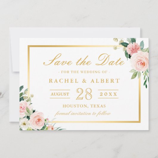 Blushing Pink Floral Gold Rahmen Wedding Save The Date (Vorderseite)