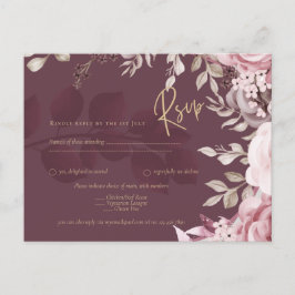 Blushing Pink Maroon Floral Wedding RSVP Postkarte